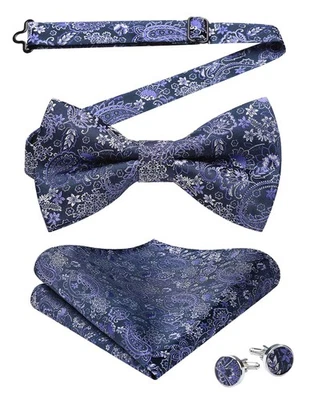 Hombres Pre-Atado Floral Paisley Pajarita Conjunto Pañuelo Gemelos Formal Clásico Foto 1 de 4