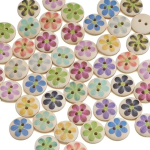 50PCS Painted Flower Theme Wood Buttons for Sewing, Scrapbooking, DIY Deocr 15mm - Picture 1 of 8