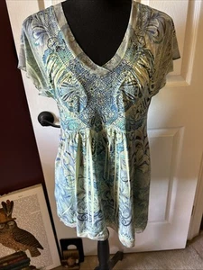 Live and Let Live Womens Green/Blue Top S Boho Peasant Hippie Festival Artsy - Picture 1 of 13
