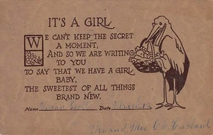 Postcard: Birth Announcement, Stork, Posted 1915 - Picture 1 of 2