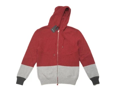 Kiton $4,250 Colour Block Cashmere Bomber Jacket Red Hooded Full Zip Sweater M - Image 1 of 4