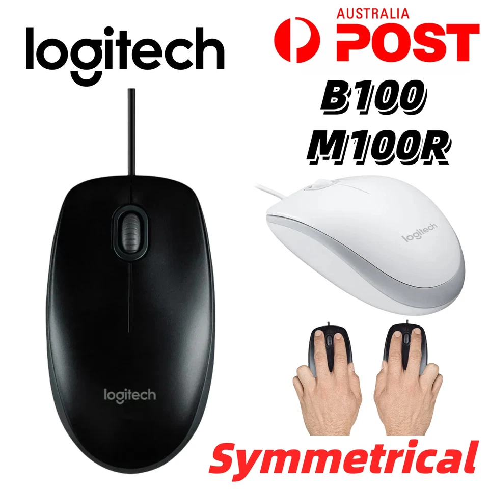 LOGITECH B100 M100R Wired Mouse Optical Ergonomic Mice USB PC Computer Laptop AU - Image 1 of 4