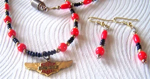 Harley Davidson Custon Wing Bar & Shield Black Orange Bead Necklace Earring Set - Picture 1 of 7