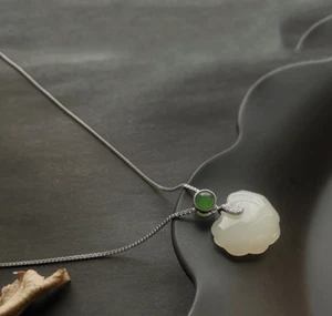Natural Hetian jade pendant auspicious wish lock jade silver necklace female  - Picture 1 of 7