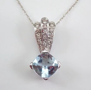 Collar Colgante Oro Blanco 14K Aguamarina y Diamantes Corte Cojín Cadena 18" - Imagen 1 de 5