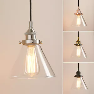 VINTAGE INDUSTRIAL CLEAR GLASS FUNNEL SHADE LAMP CEILING PENDANT LIGHT FIXTURE - Picture 1 of 23