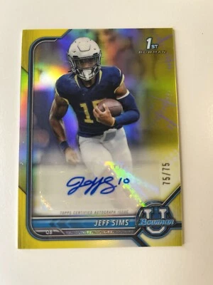 Bowman Chrome U University Jeff Sims 1st Auto Yellow /75 Perfect Serial ASU QB1 - Image 1 of 3
