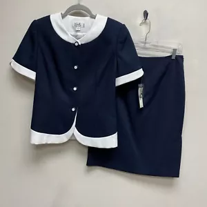 Emily 2Pc Set Dark Navy White Ringer Button Down Blazer Straight Skirt 8 $200 - Picture 1 of 13