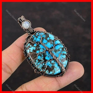 Natural Tibetan Turquoise Rainbow Moonstone Wire Wrapped Pendant Jewelry Copper - Picture 1 of 6