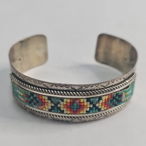 Richard L Reeve Apache Old Pawn Multicolor Beaded Sterling Cuff Bracelet 24g H71 - Picture 1 of 6