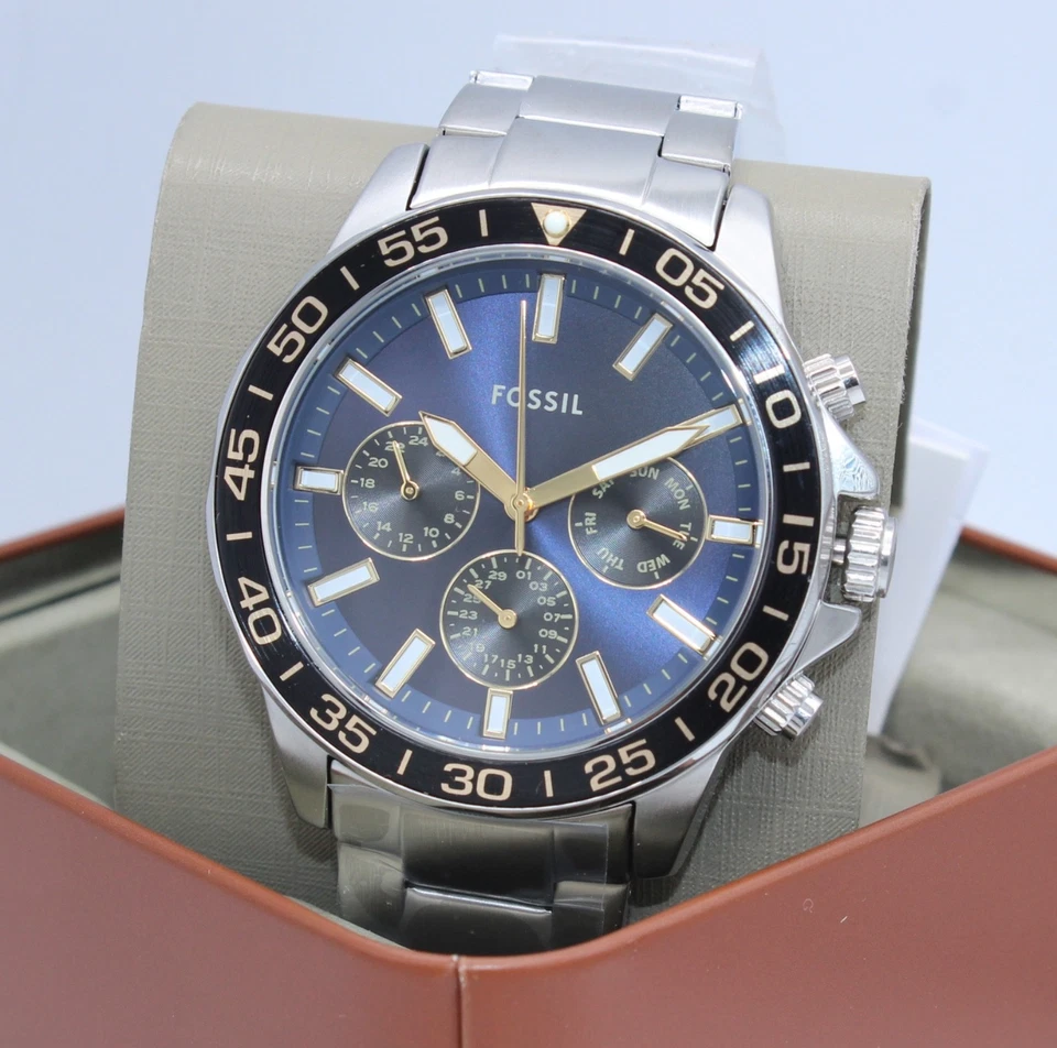 AUTHENTIC FOSSIL BANNON MULTIFUNCTION SILVER GOLD BLUE BQ7117 MEN'S WATCH