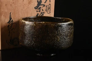 K923: Japanese Ohi-ware Brown glaze TEA BOWL Green tea tool w/signed box - Picture 1 of 10