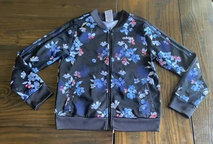 Adidas Girl's Size XL 16 Black Floral Zip Jacket w/ Blue Flower Print. - Picture 1 of 6