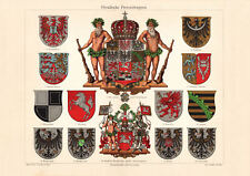 Preußische Wappen historischer Druck Chromolithographie ca. 1907 Bildtafel