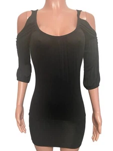 Y2K Black Cold Shoulder Crystal Button Body Central Micro mini Dress Tunic 2000 - Picture 1 of 8