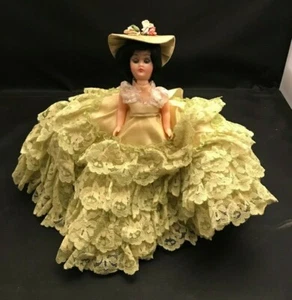 Victorian plastic doll in green dress & hat 9" - Picture 1 of 2