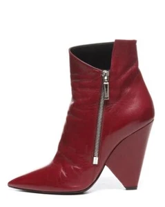 SAINT LAURENT Burgundy Leather Wedge Heel Ankle Boots Pointed-Toe Side-Zip 11-41 - Picture 1 of 5