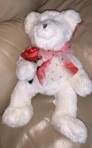 Teddy bear 35 cm / 14 “ Has Red Ribbon With Hearts & a Rose Nice Birthday Gift - Picture 1 of 3