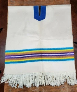 Vintage Felted Wool Blanket Poncho Fringe Stripes Southwestern Shawl - Picture 1 of 12