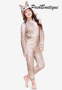 Justice Girls One Piece Reindeer Pajamas Union Suit Sleeper Deer Sz 8-20 Holiday - Picture 1 of 2