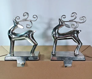 Pair of Silver Reindeer Stocking Holders – Mantelpiece Christmas Decor – Metal - Picture 1 of 10