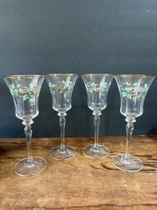 Mikasa Ribbon Holly 9" Christmas Crystal Goblet Glass Set of 4 - Picture 1 of 8