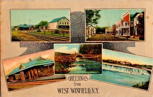 Saludos desde West Winfield NY Main St Train Depot Bridge 1910 postal a122 - Imagen 1 de 2