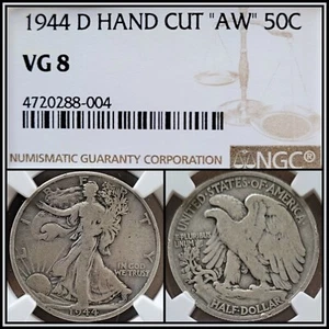 1944-D Silver 50c Walking Liberty Half Dollar Hand Cut AW NGC VG 8 Classic Coin - Picture 1 of 4