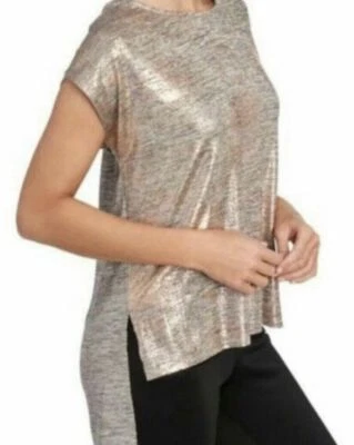 Top Y2K Dantelle Dorado Metálico Brillante Manga Gorra Elástico Alto-Lo Dobladillo Crudo Talla Pequeña Foto 1 de 4