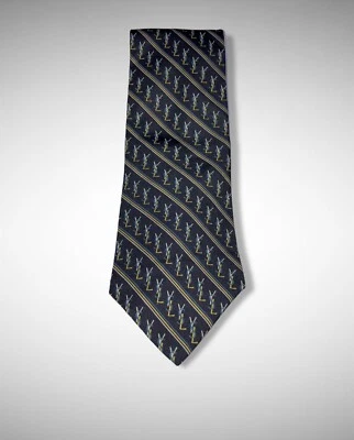 Gravata de seda vintage Yves Saint Laurent monograma amarelo azul, larga, Paris Nova York - Imagem 1 de 3