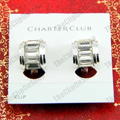 CLIP ON curve CRYSTAL glass EARRINGS silver rhinestone EZ clips huggie half hoop - image 1 of 3