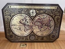 Vintage 1964 Masketeers Large Brass and Wood Map of the World in 1628 43” X 30”