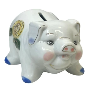 Vintage Ceramic Piggy Bank 5" x 3.5" with Floral Decor Cute Small Coin Holder - Picture 1 of 13