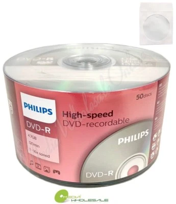 100 PHILIPS DVD-R Logo 16X 4.7GB Media Disc+100 Premium White Paper Sleeves - Image 1 of 3