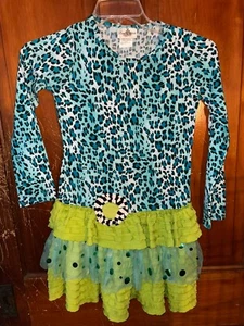 Mädchenkleid Größe 14 Leopardenmuster Gepardmuster türkis limettengrün seltene Editionen - Bild 1 von 3