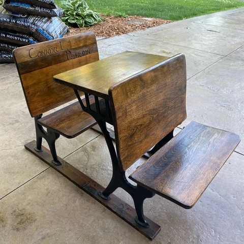 Antique Cast Iron Oak Wood School Desk LOCAL PickUp Double Folding Seat Engraved Cover