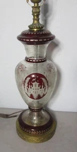 Profusely Etched ANTIQUE BOHEMIAN Black Forest Art Glass Vase as Lamp,  c. 1950s - Picture 1 of 9