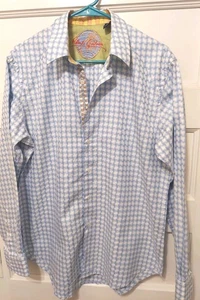 Camicia uomo Robert Graham media con polsini infradito ricamati blu e bottoni geometrica - Foto 1 di 9