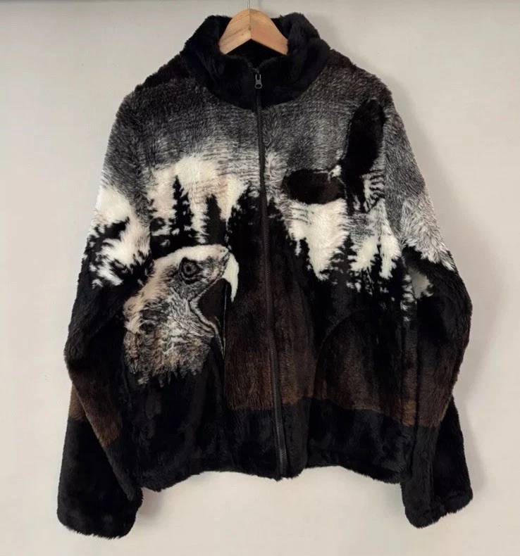 Eagle Forest Print Herren Damen Fell Fleece Jacke Größe Large Vintage 90er Unisex - Bild 1 von 4