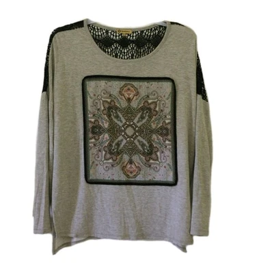 Camiseta túnica Democracy Top retazos encaje espalda camisa boho rayón manga 3/4 gris talla XL Foto 1 de 4