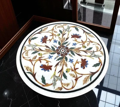 Tavolo rotondo in marmo 30" con fiori intarsiati - fatto a mano Pietradura fantasia floreale arte - Immagine 1 di 4