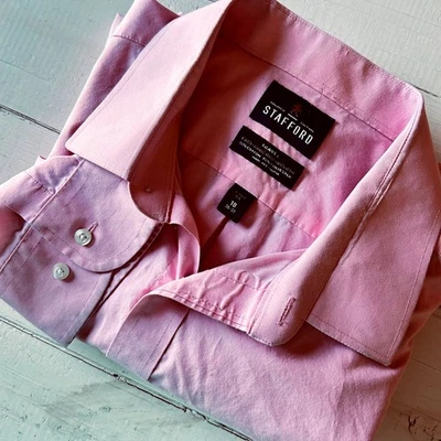 Stafford Travel Easy Care Broadcloth Pink Dress Shirt X-Tall Fit Size 18 36-37 - Image 1 of 4