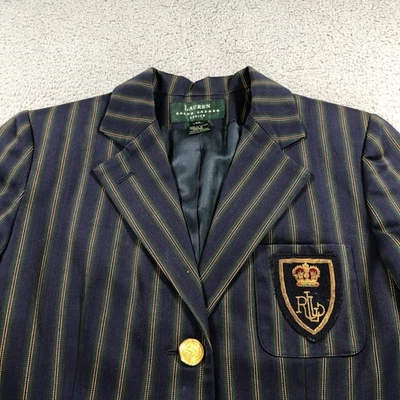 Lauren Ralph Lauren Blazer Womens 8 Petite Navy Blue Striped Crest Gold Button - Image 1 of 4