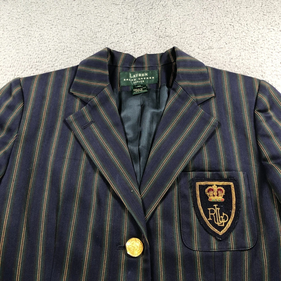 Lauren Ralph Lauren Blazer Womens 8 Petite Navy Blue Striped Crest Gold Button - Image 1 of 4