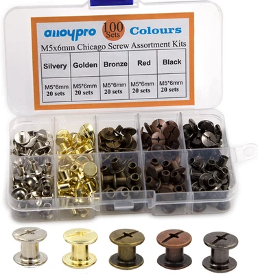 100 Sets Assorted Chicago Screws 5 Colors 5X6Mm for DIY Leather Craft - Image 1 of 4
