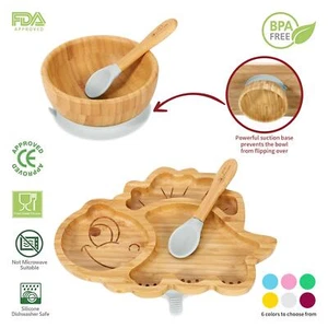 Vinsani Bamboo Dinosaur Plate Bowl & Spoon Set Suction Bowl Stay-Put Design - Picture 1 of 73