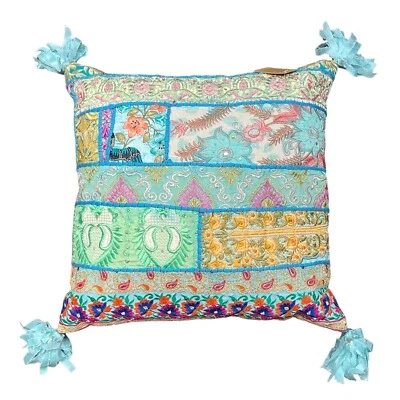 Patchwork Throw Pillow Green Colorful Embroidered Sequin Floral Pom Pom Boho - Image 1 of 4