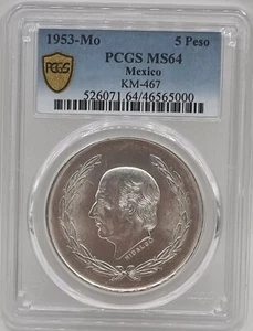 MEXICO 5 Pesos Silver coin 1953 UNC Hidalgo PCGS MS 64 - Picture 1 of 2