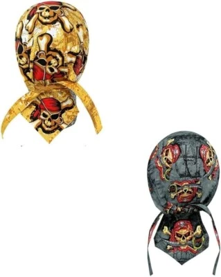 批量 2 件套 Jolly Rodger 灰色海盗头包汗带 Durag Bandanna 骑手 — 第 1/4 张图片