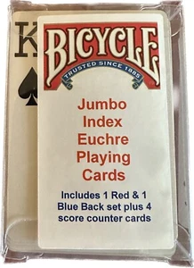 JUMBO INDEX Bicycle EUCHRE Playing 52 Cards 2 sets A-9 1 Blue 1 Red w/ 4 Counter - Picture 1 of 3